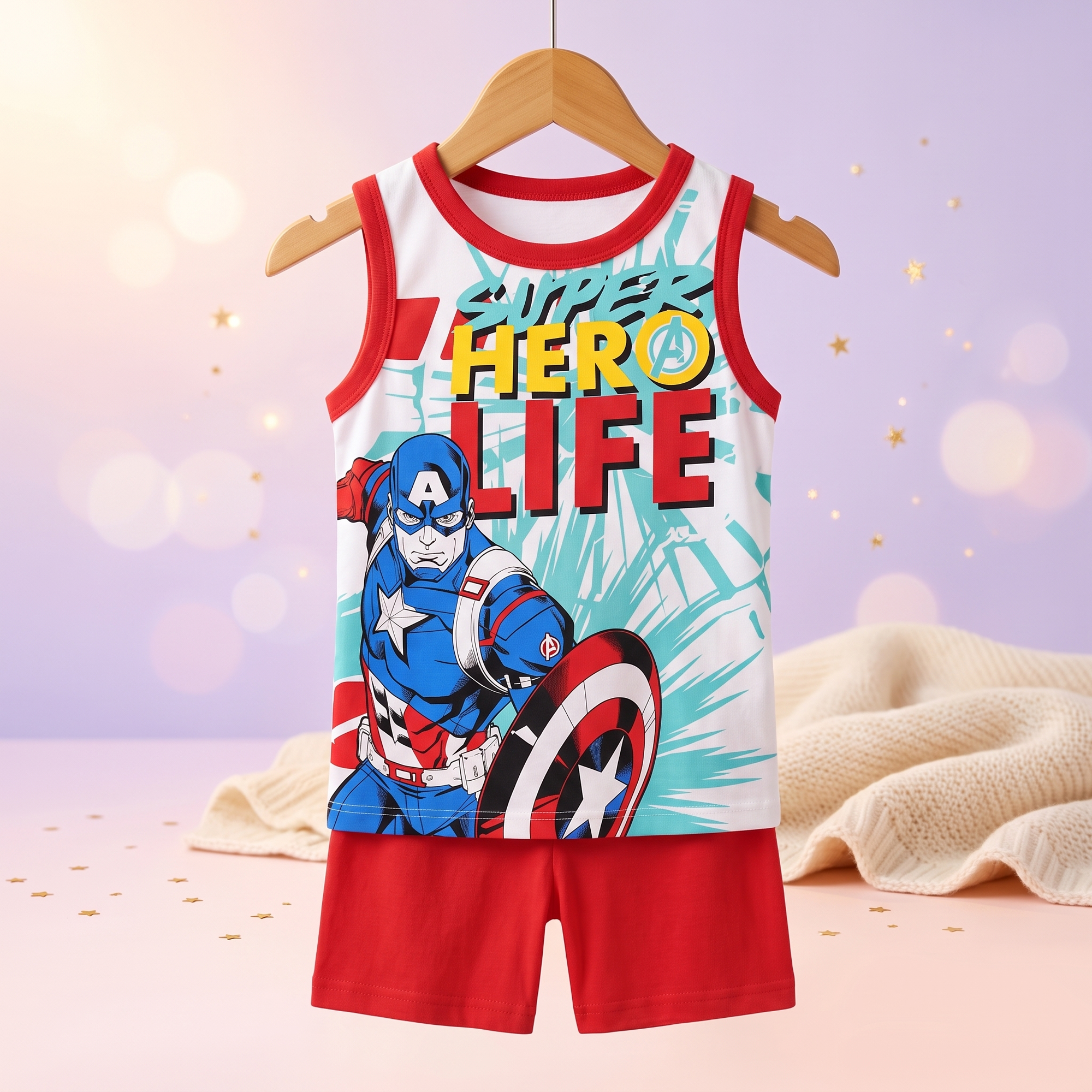 Avengers pijama scurtă copii, Rosu - pe umeras