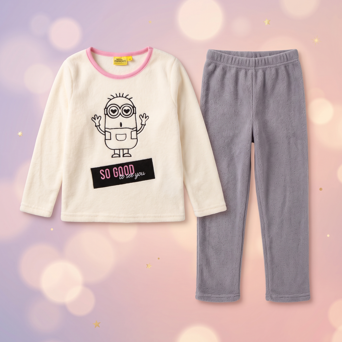 Minionii So Good pijamale lungi, Alb-Crem cu Gri, piese separate